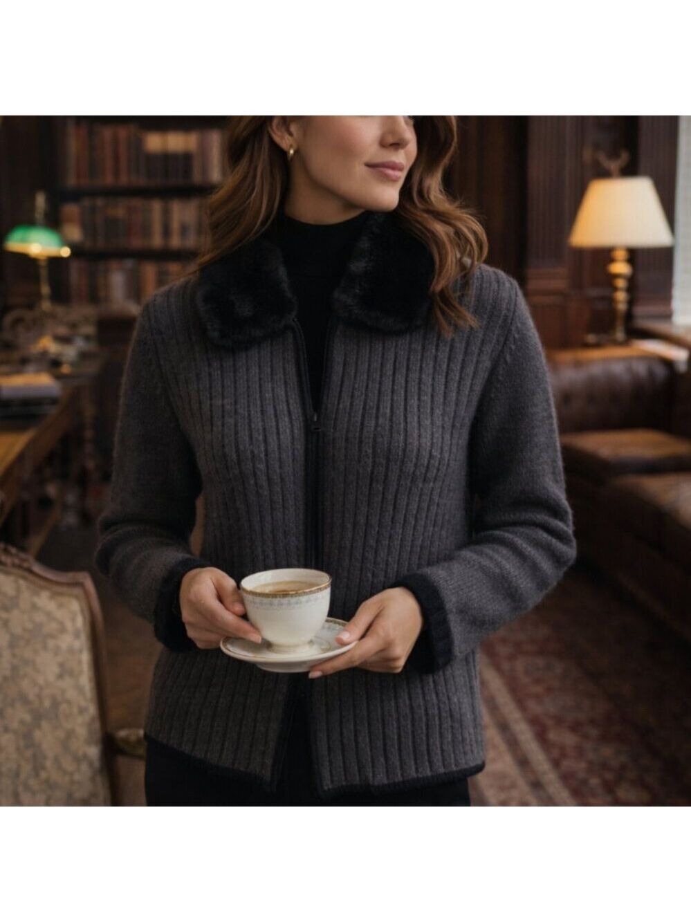 🧶 Vintage Herman Geist 100% Wool Zip Cardigan with Faux Fur Collar – Hong Kong